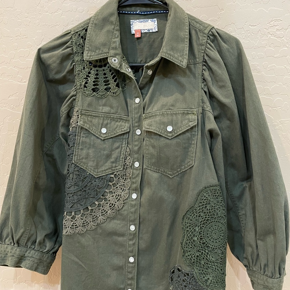 Anthropologie Green Lace Detail Shirt